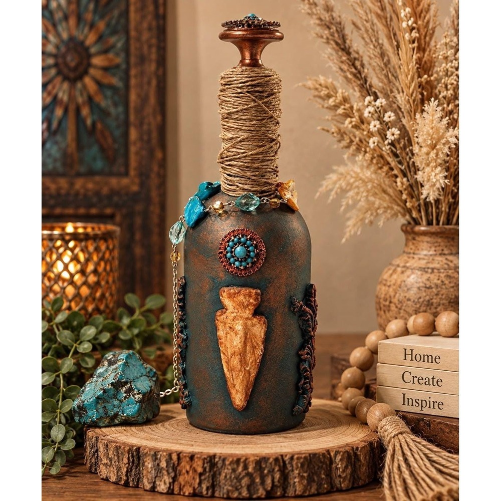 Handcrafted Decorative Bottle Southwestern Arrowhead Jute Wrapped Blue Gifts 9"